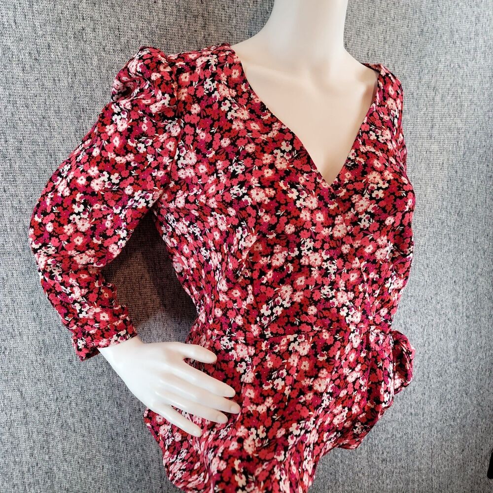 Meraki Red Floral Blouse Womens Size Large L V-Neck Long Sleeve Peplum Cuffs Top